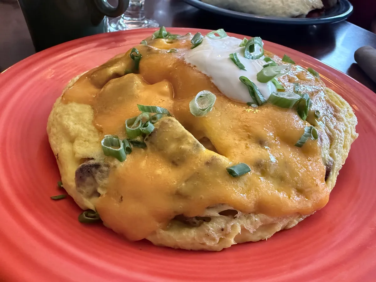 Omelette with melted cheddar, sour cream and scallions on a red Fiestaware plate